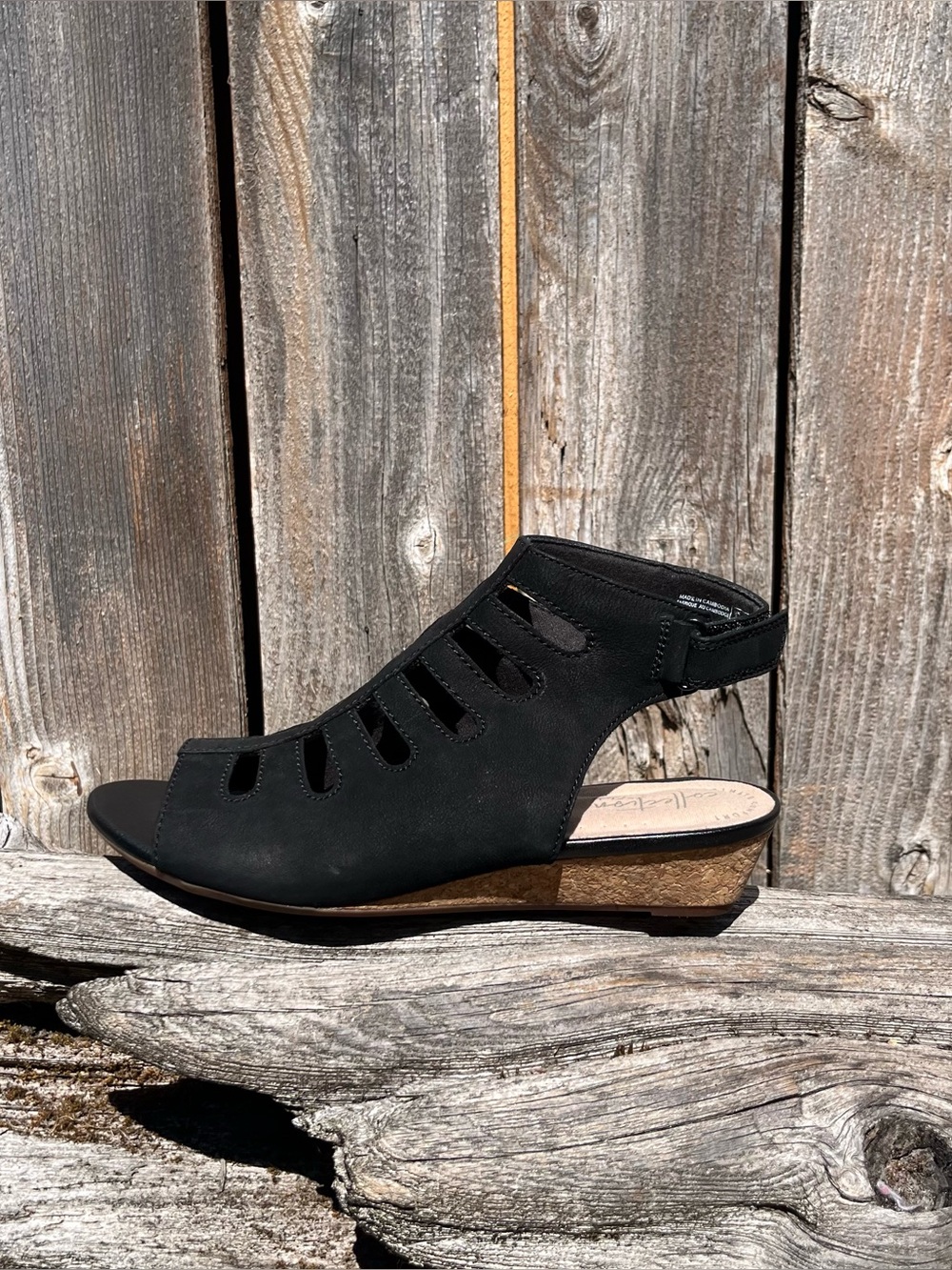 Collection by Clark black nubuck cutout wedge sandals size 7.5